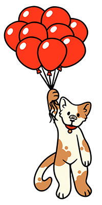 Blotches the cat floating with red balloons, featured on a hoodie design for That's Ruff.